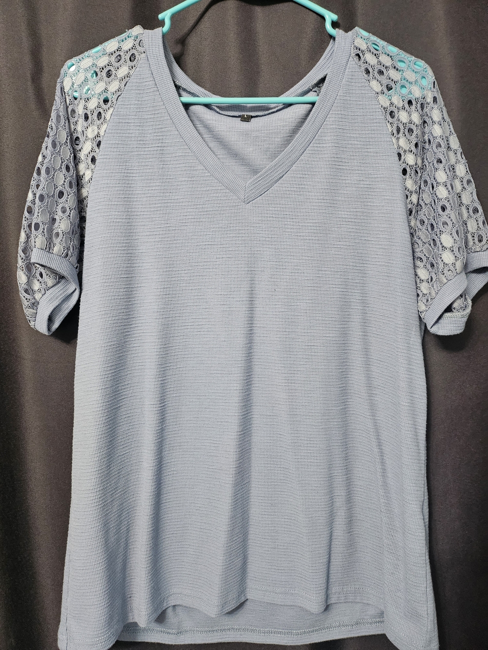 Light Blue Lace-Sleeve V-Neck Top